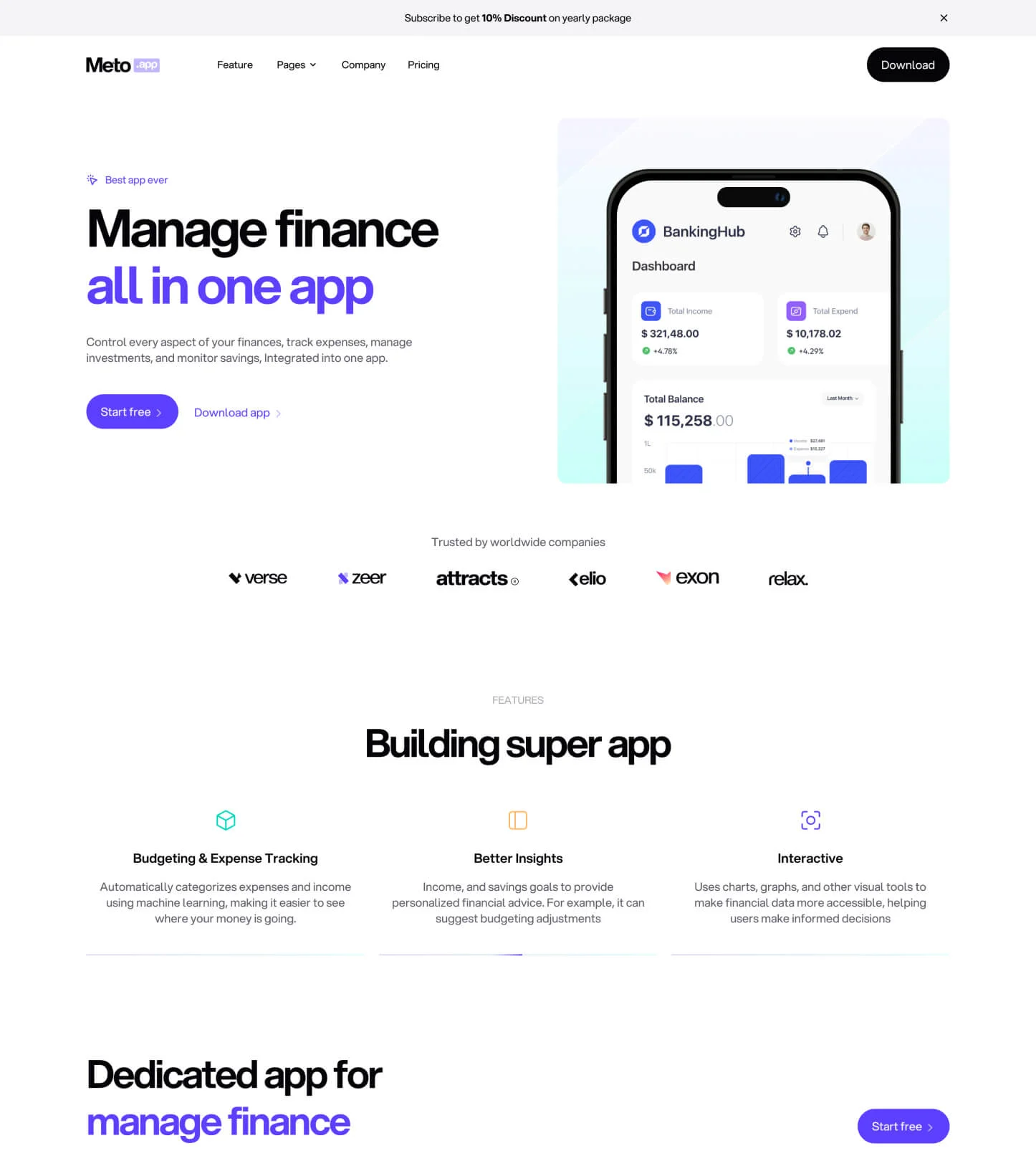 Meto – Fintech Mobile App Website Template